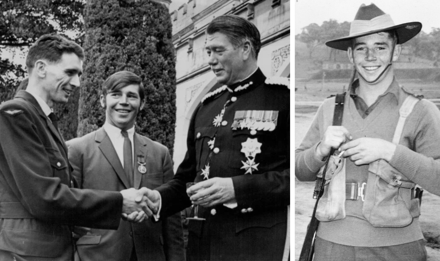 Two photos side by side, one of two men being congratulated for bravery, the second, a photo of the late Private Richard Norden in uniform 