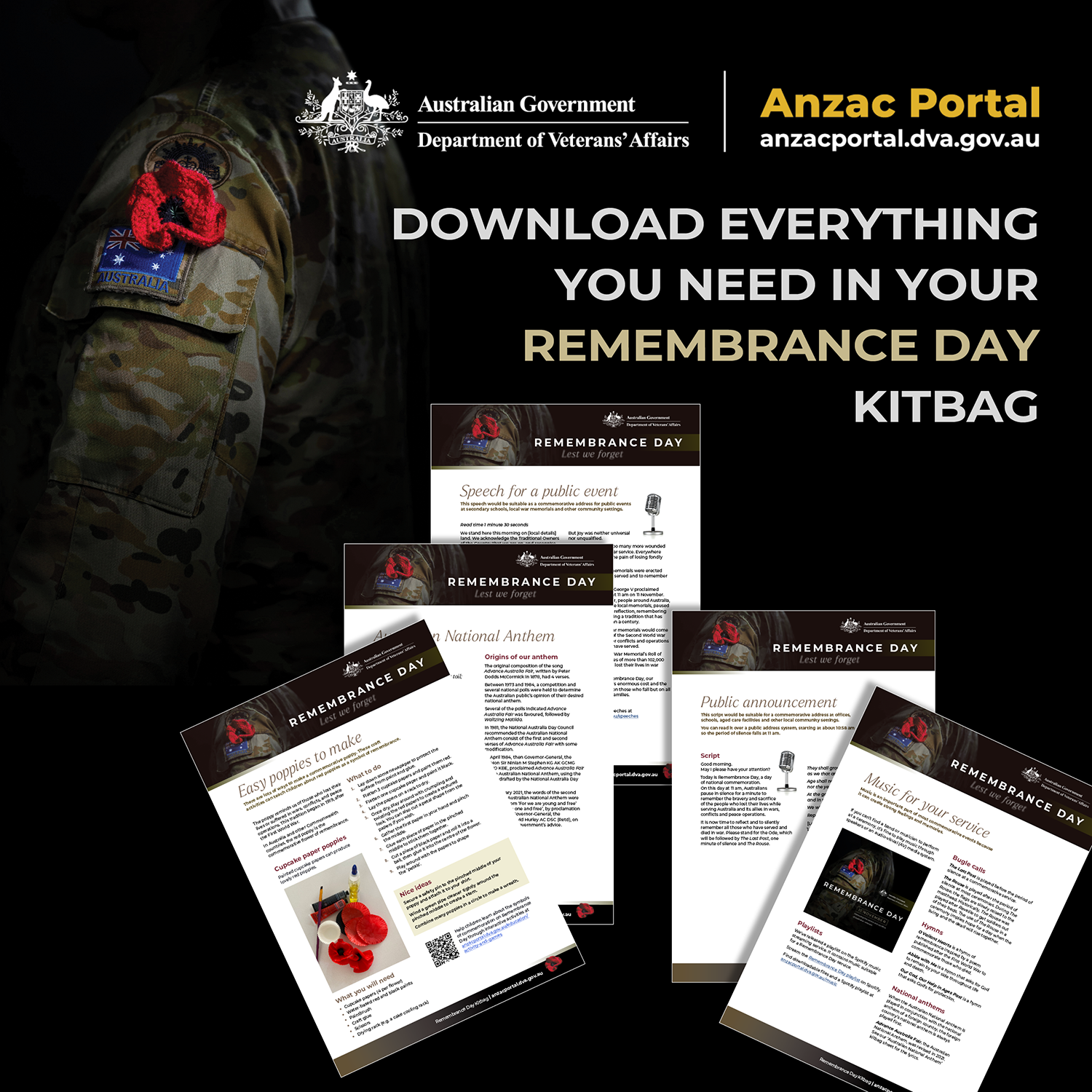 A photo of an Australian Army member’s shoulder with a crocheted poppy and imagery of the Remembrance Day kitbag