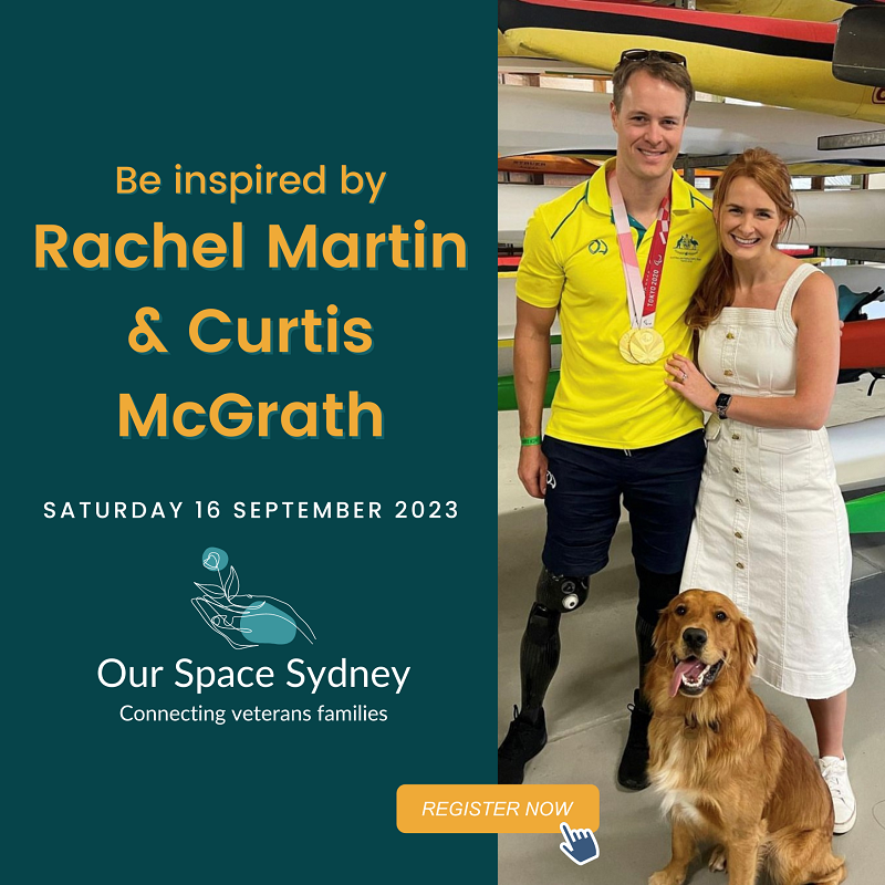 Image showing man with prosthetic legs next to woman and dog, and text saying ' Be inspired by Rachel Martin and Curtis McGrath'
