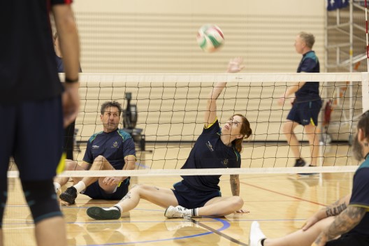 Invictus Games 2025 Team Australia competitor Chelsie Clayton during a seated volleyball practice session. (Defence)