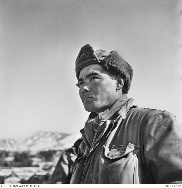 Man in winter soldier's uniform with mountains in background