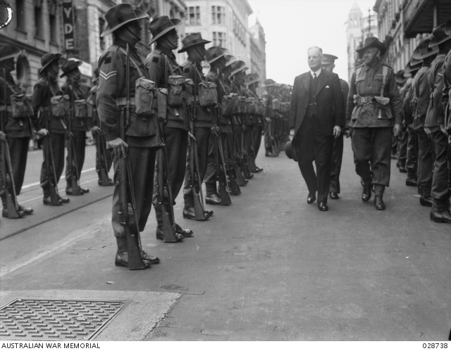 Perth, WA. 1942-11-03. The Prime Minister of Australia, the right Honourable John Curtin, inspecting troops of the A.I.F.