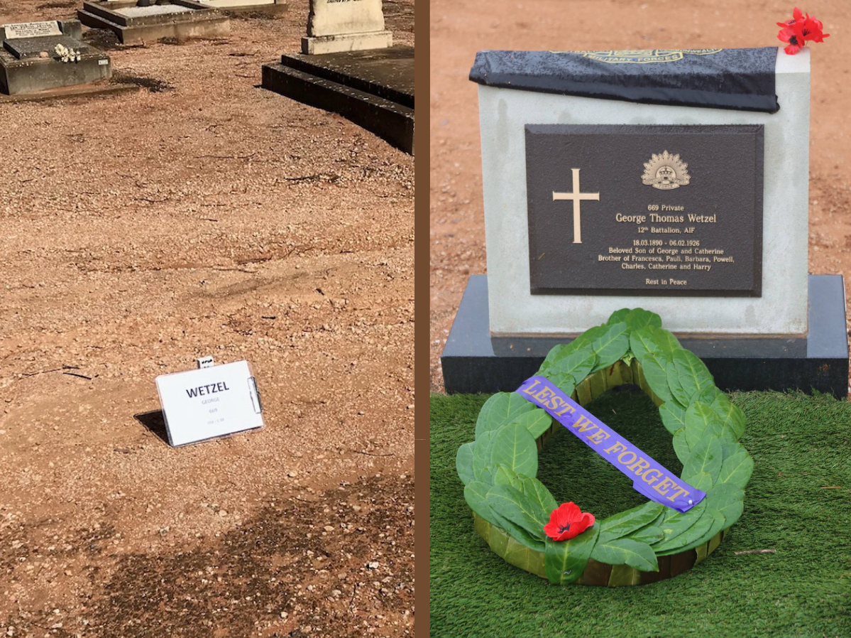 Before and after images of the grave of First World War veteran, Private George Thomas Wetzel 