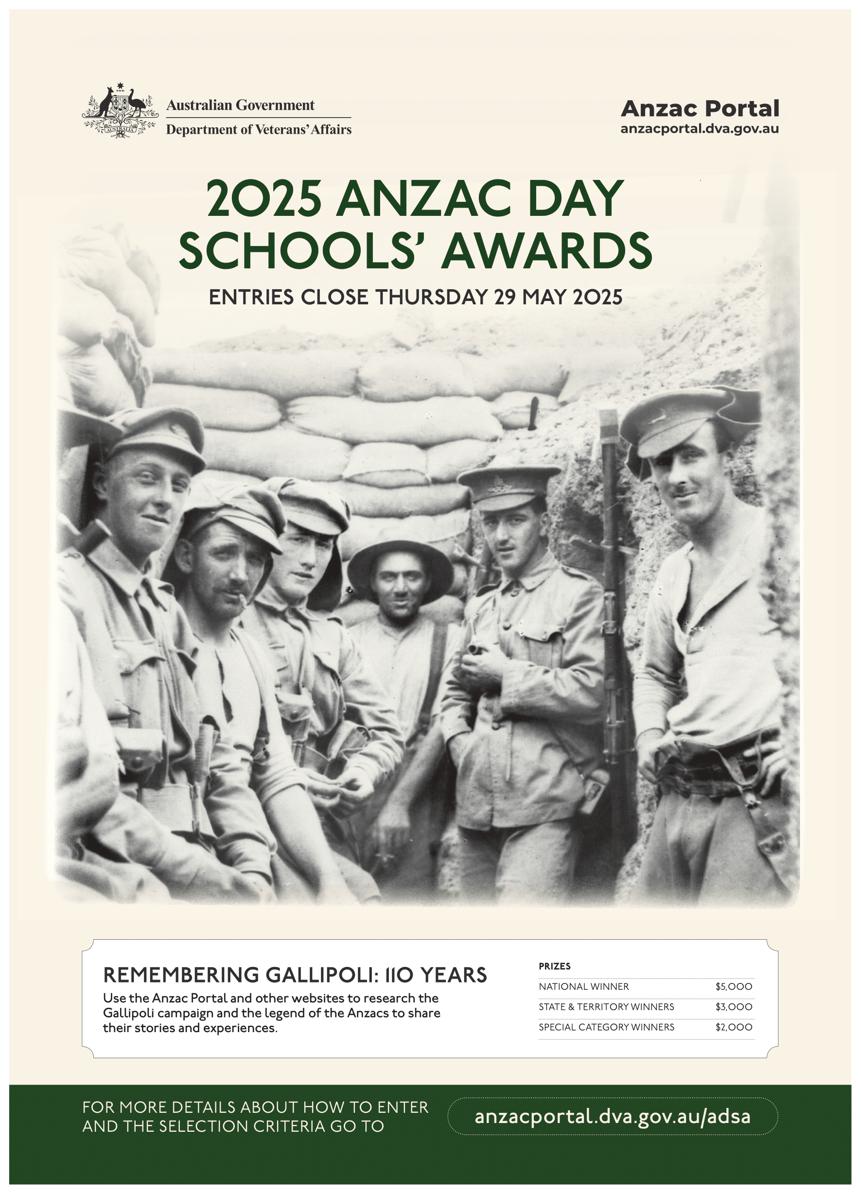 Anzac Day Schools Awards poster showing six Anzac soldiers posing in a trench