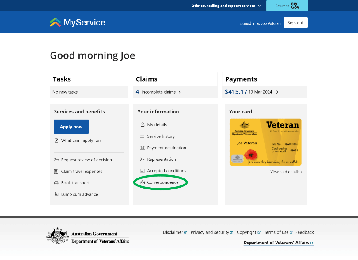 Step 1 – Select ’Correspondence’ screenshot
