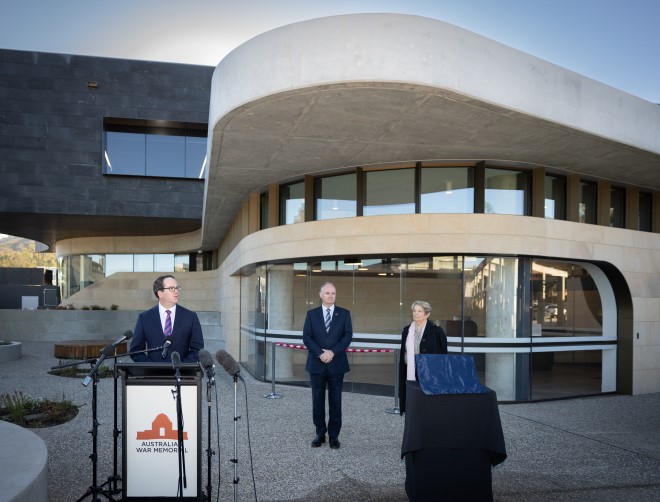 L to R: Minister Matt Keogh, Memorial Director Matt Anderson and Anne Carroll open the Charles Bean Research Centre