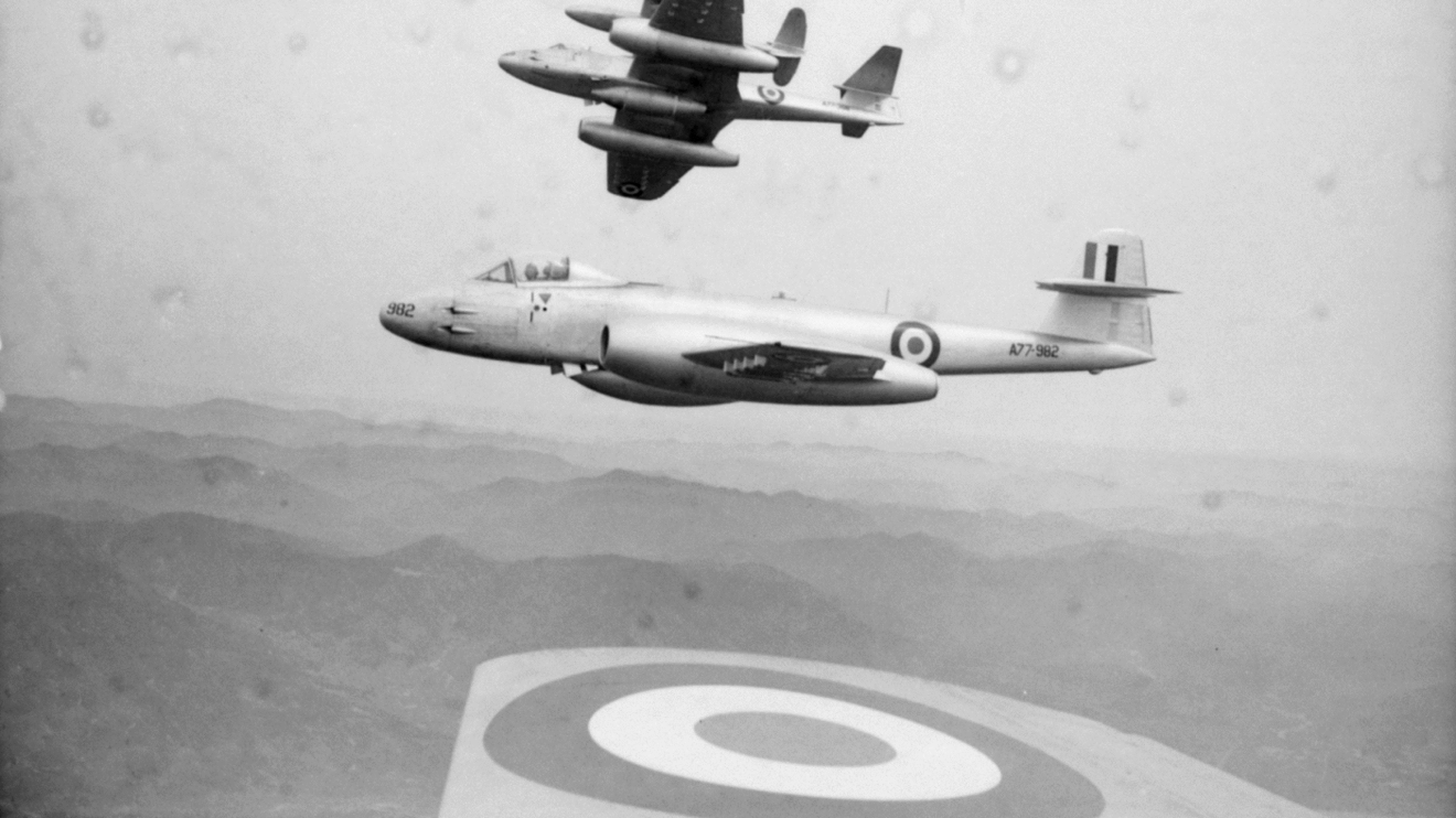 Australian pilots flying Meteor jets over Japan, 1952. (AWM JK0242)
