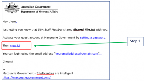Screenshot of an E mail with an arrow pointing to the view it link