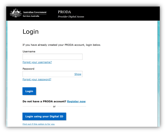 Login to PRODA - screenshot of the form
