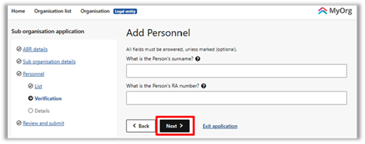 screenshot of Add Personnel next button selection