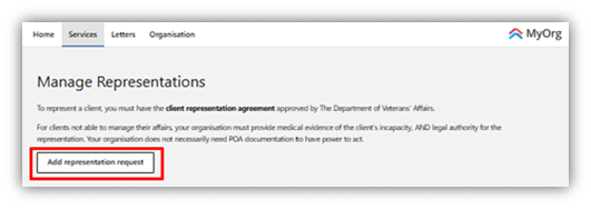 Screenshot showing how to Add representation request