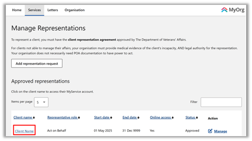 Screenshot showing 'Approved representations' table