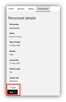 Screenshot showing how to select ‘Back’ to return to ‘Personnel Overview’ or Edit