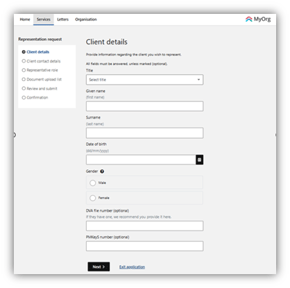 Screenshot showing how to Enter the client’s general information, select ‘Next’ and complete the client’s contact details