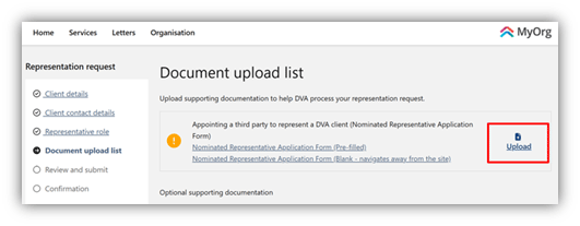 Screenshot of the Document upload list