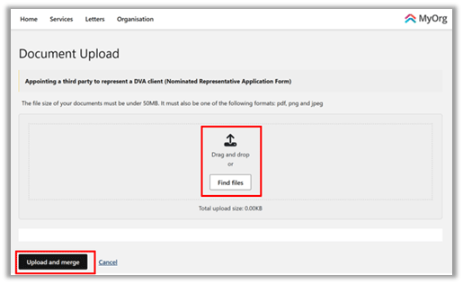Screenshot of the Document Upload screen