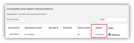 Screenshot of the ‘Incomplete and ceased representations’ screen