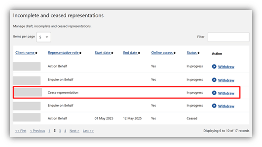 Screenshot showing Cease representation in progress status