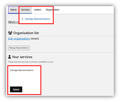 Screenshot showing how to navigate to ‘Manage Representations’ 