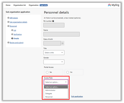 Screenshot of a Personnel Details Access Role selection