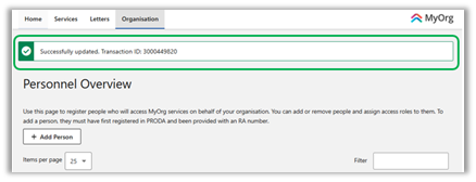 Screenshot showing a confirmation message 