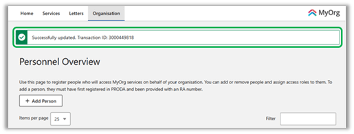 Screenshot showing a confirmation message 