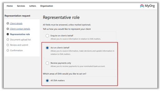 Screenshot showing Act on behalf’ and ‘All DVA matters’ selections