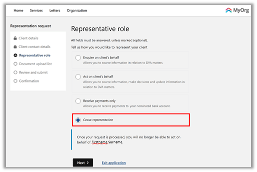 Screenshot to show how to select Cease representation option