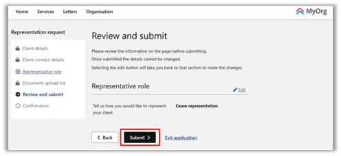 Screenshot showing a Review and submit screen with the 'Submit' button selected