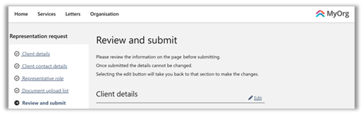 Screenshot of the Review and submit screen