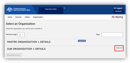 Screenshot of Select an Organisation screen