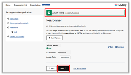 Screenshot to show next button selection on the Personnel form