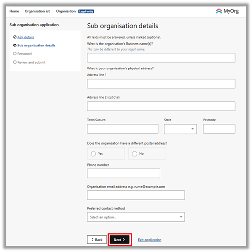 screen shot for Sub organization details