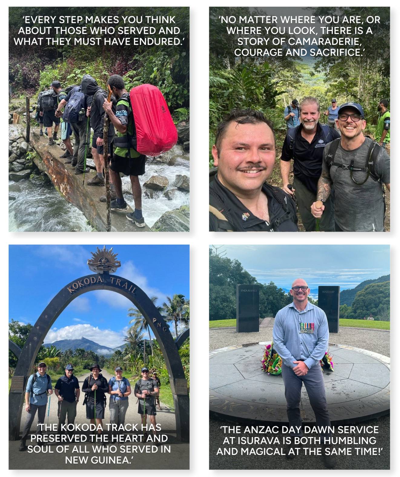Images of veterans and Papua New Guinean local porters hiking the unforgiving Kokoda Track and an image of a man standing in front of an Anzac Day memorial in Isurava