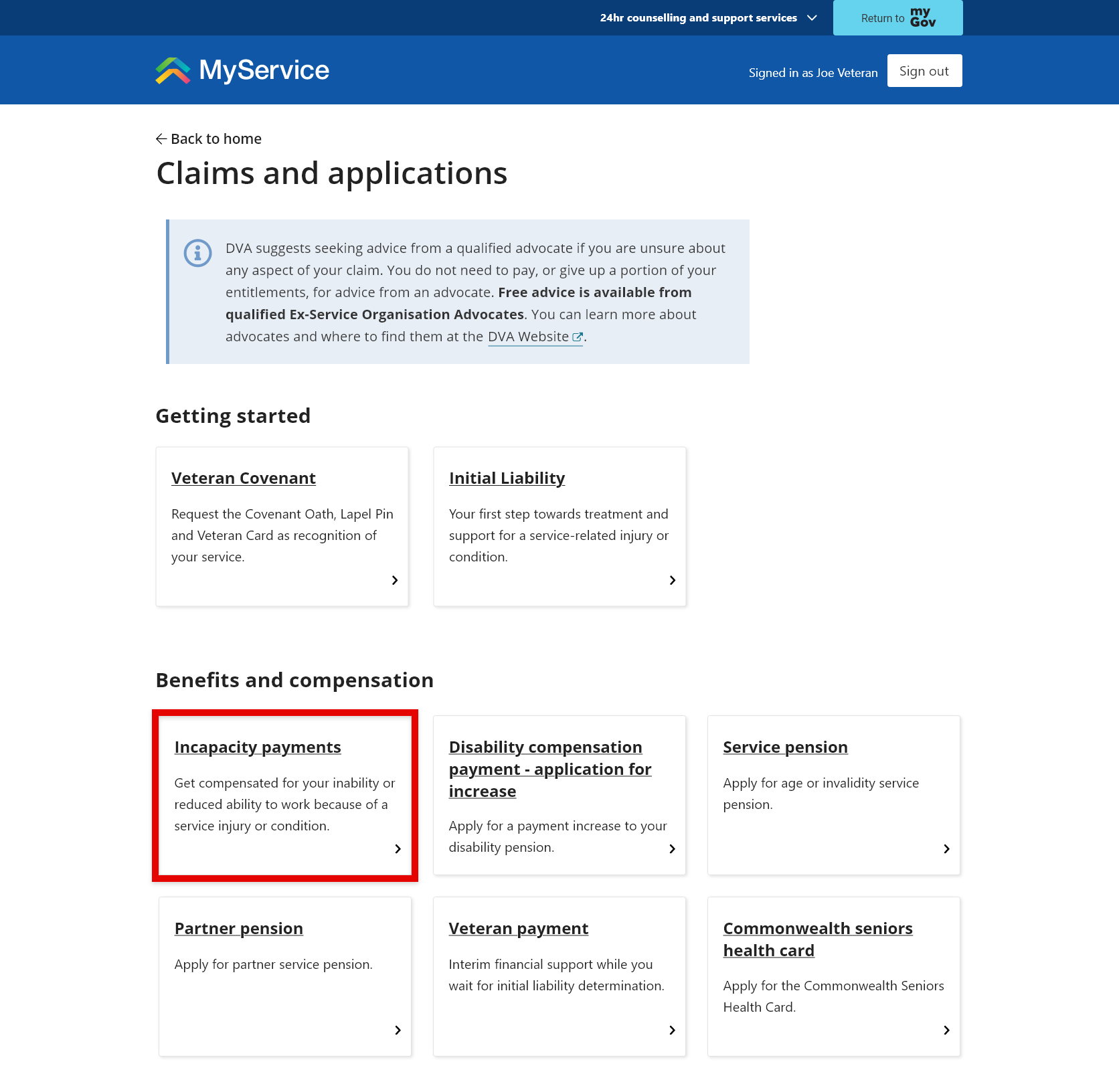 Claims and applications screen. Incapacity payments tile selected