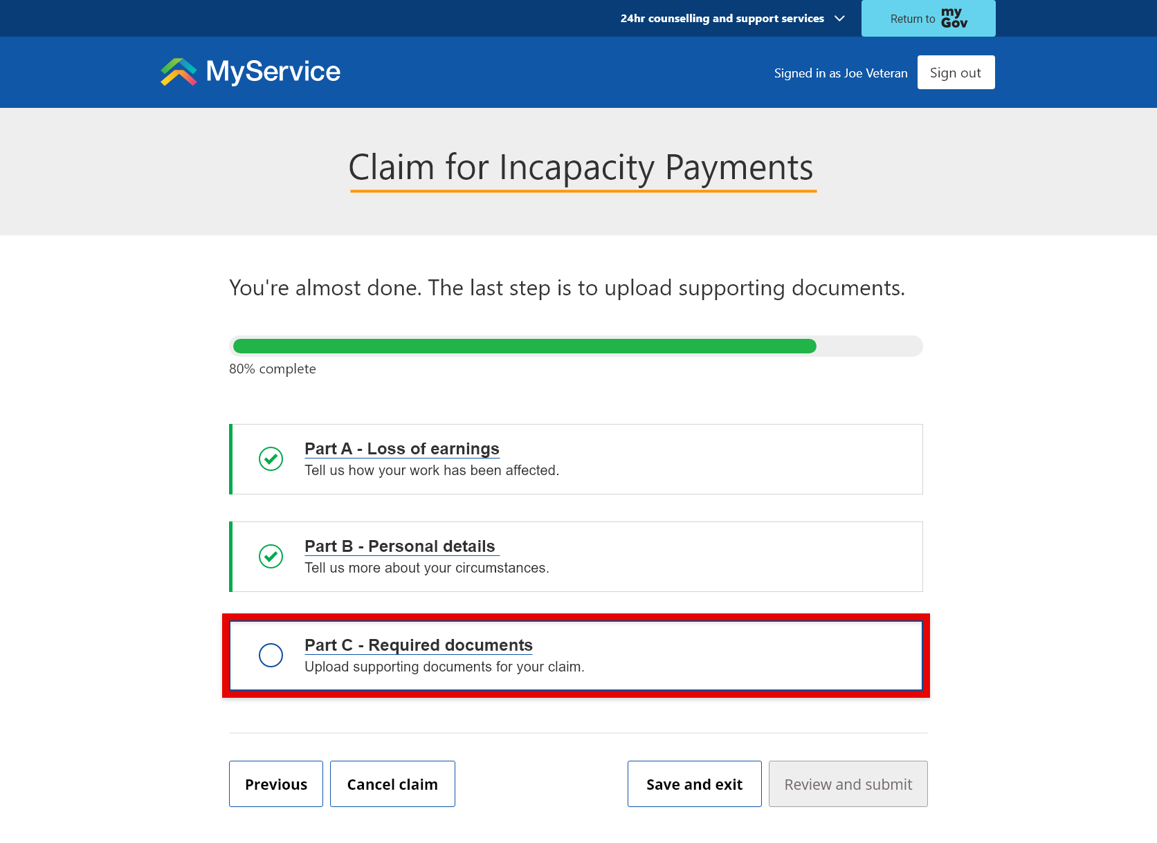 'Claim for Incapacity Payments' screen. 'Part C – Required documents' selected.