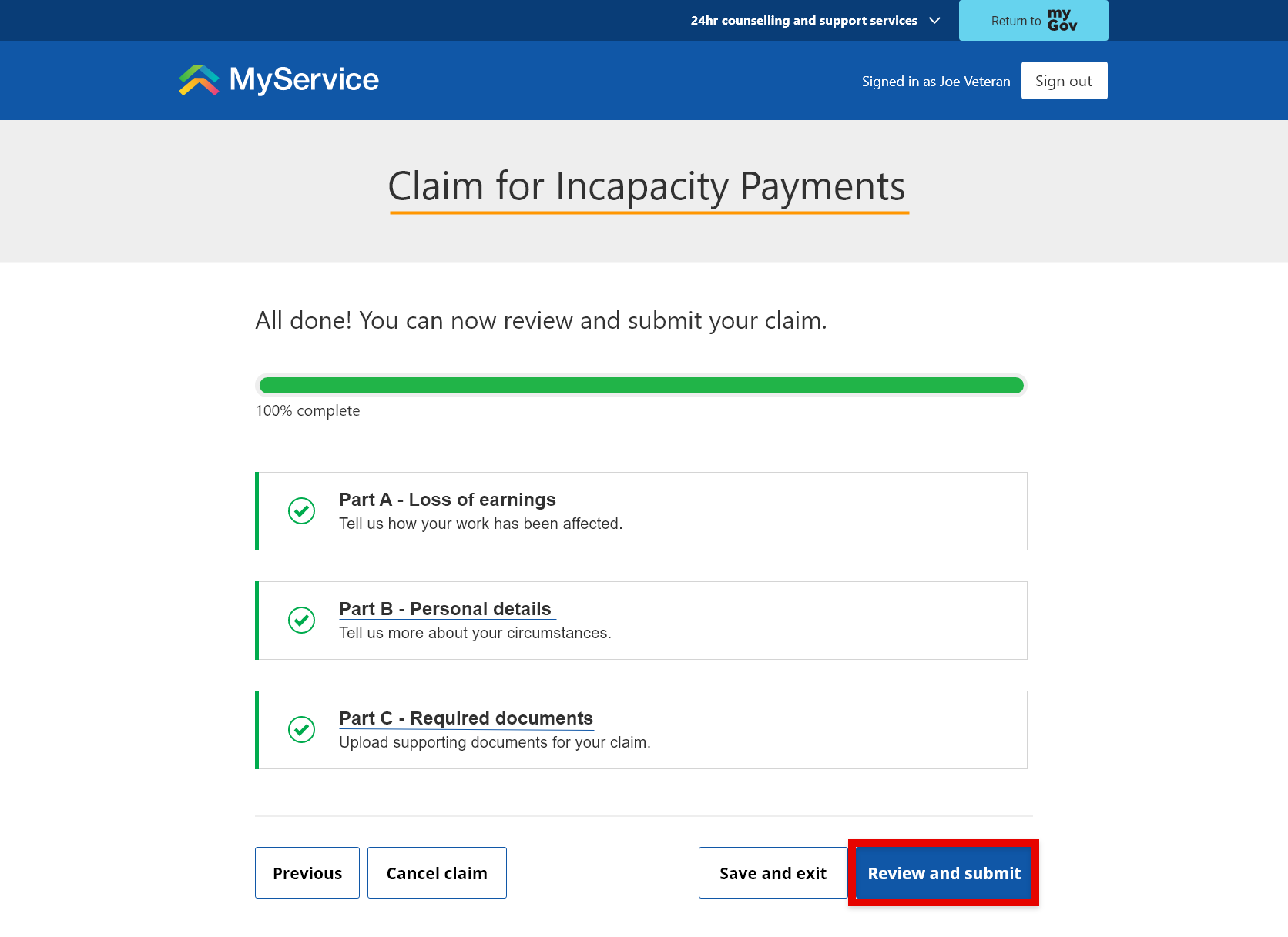 'Claim for Incapacity Payments' screen. Selection of 