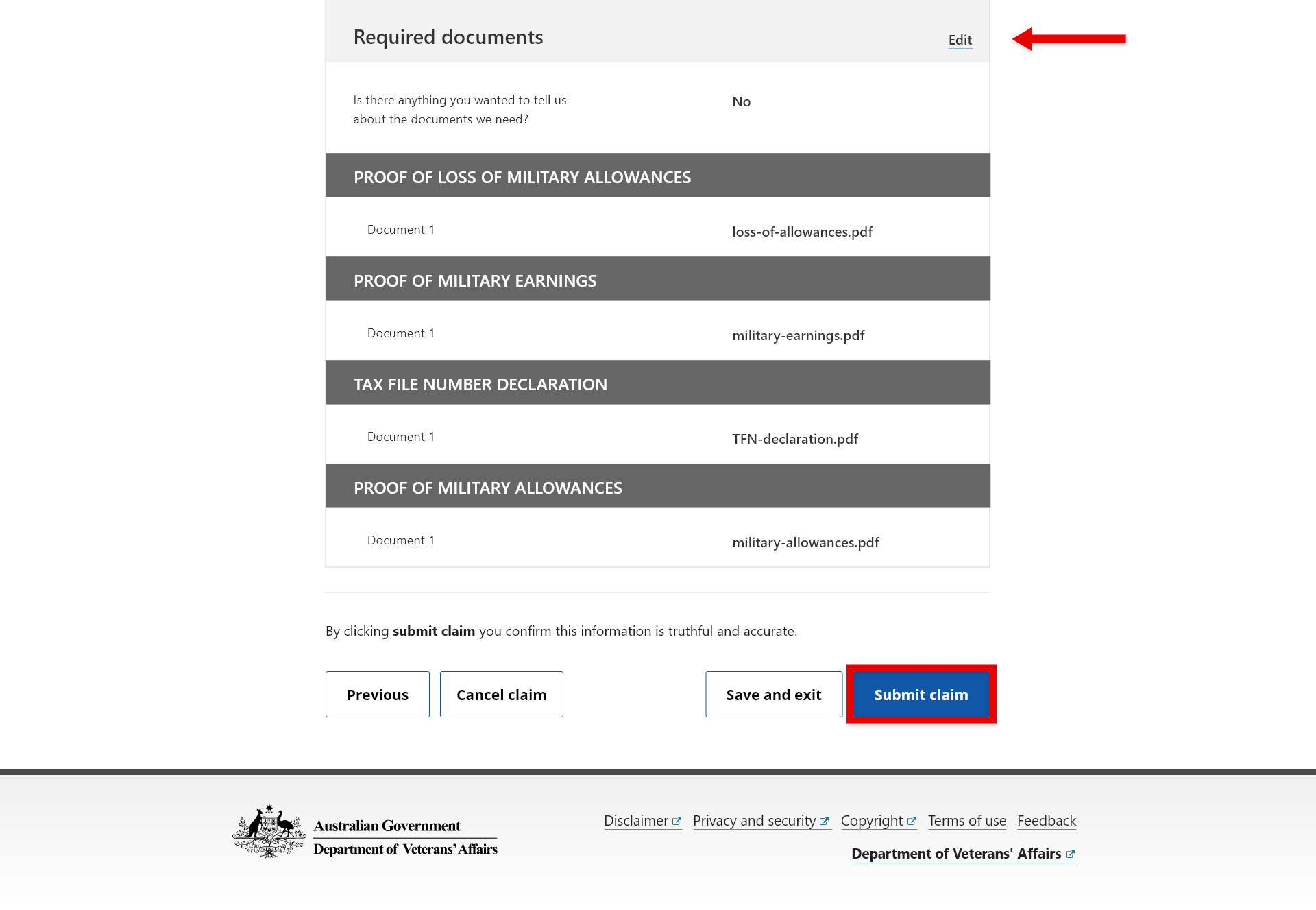 'Required documents' screen. 'Submit Claim' selection
