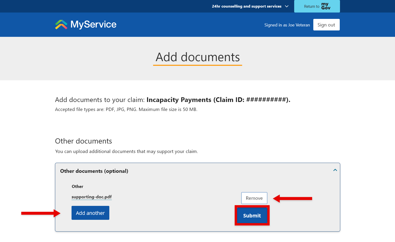 'Add documents' screen. 'Submit' button selected.
