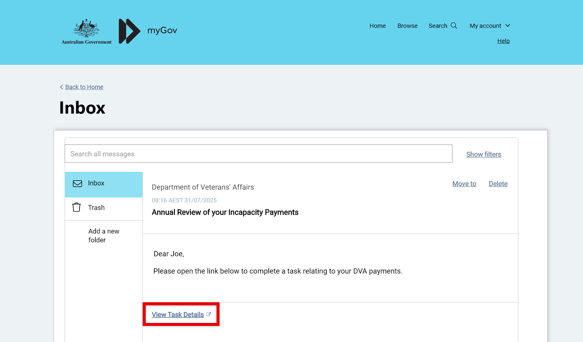 Screenshot to show how to select the 'View Tasks Details' link.