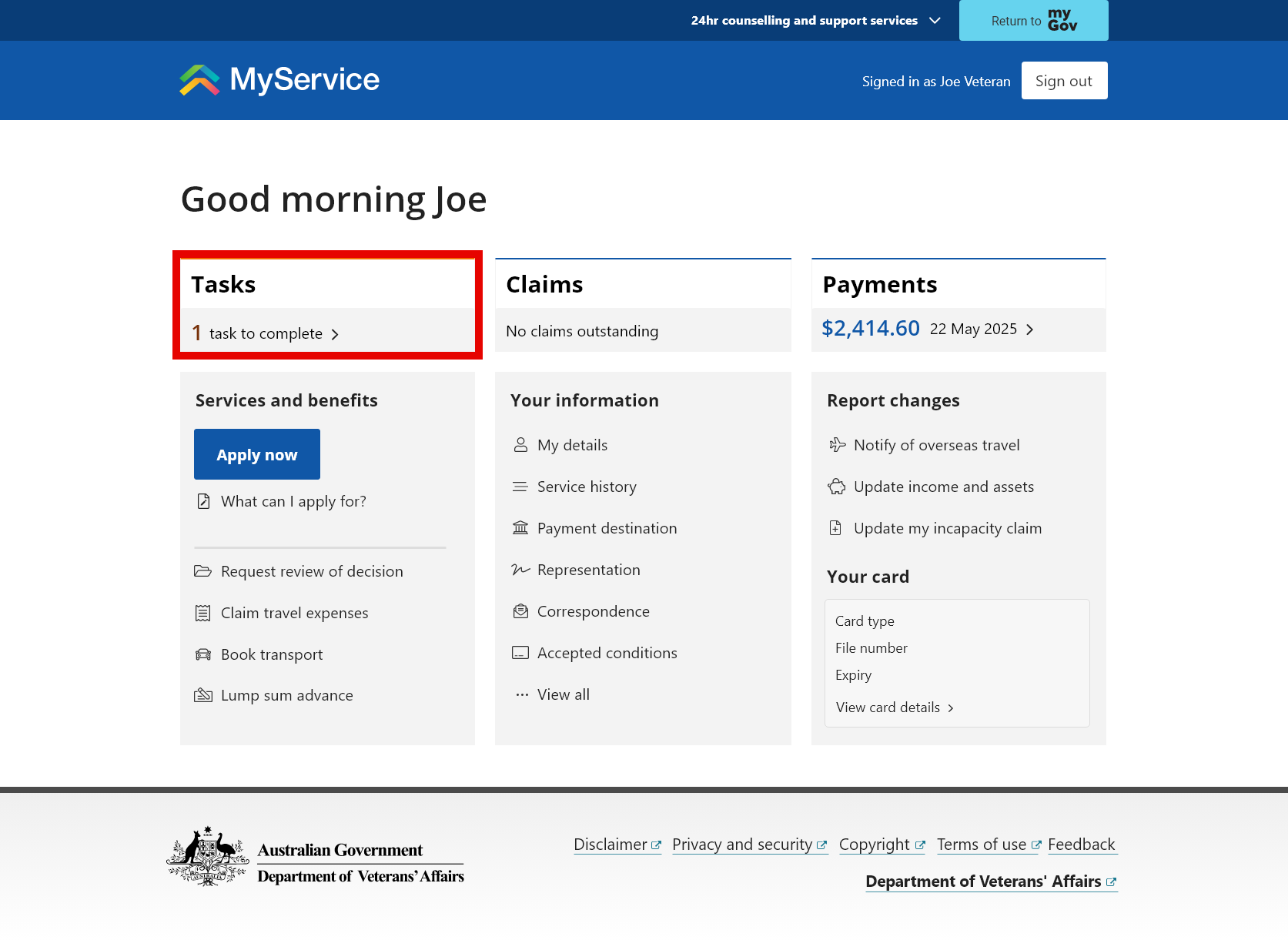 MyService home page screen. Selecting the Tasks tile.