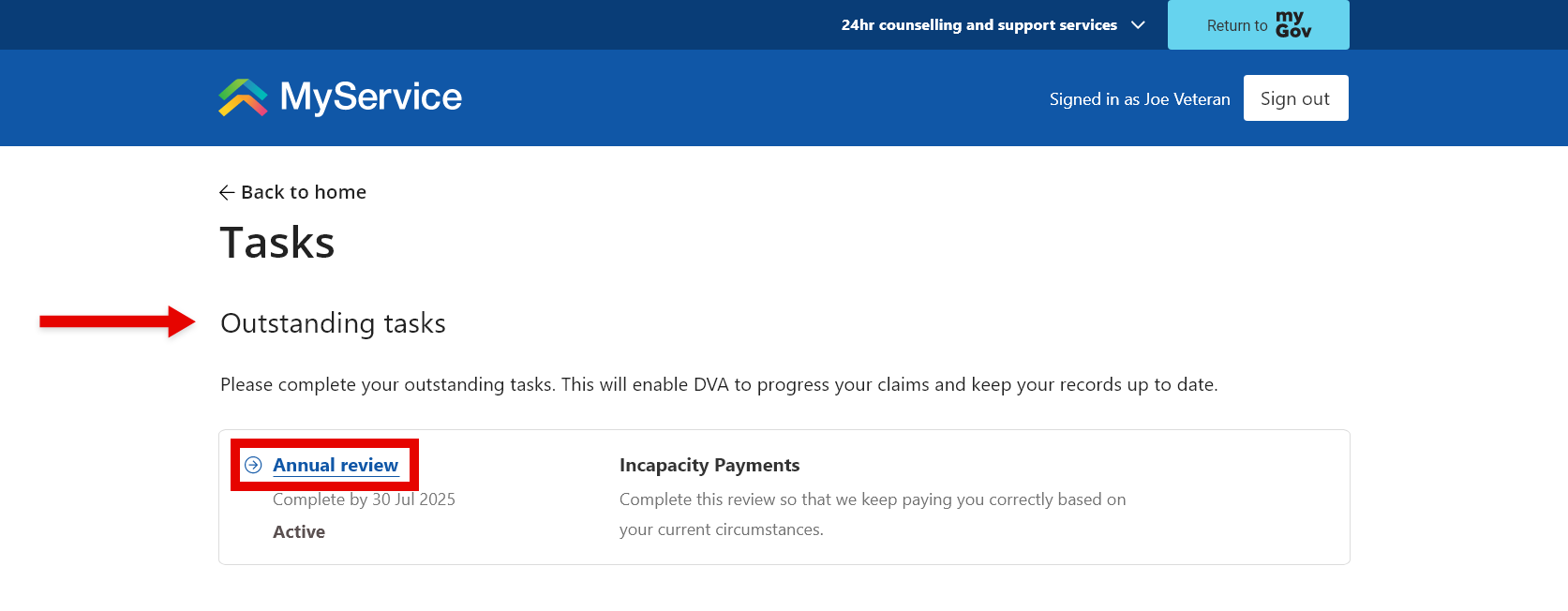 'Tasks' screen. 'Annual review' selected.