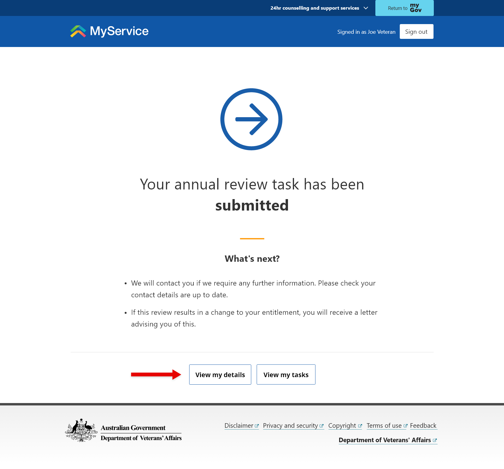 Your annual review task has been submitted screen.