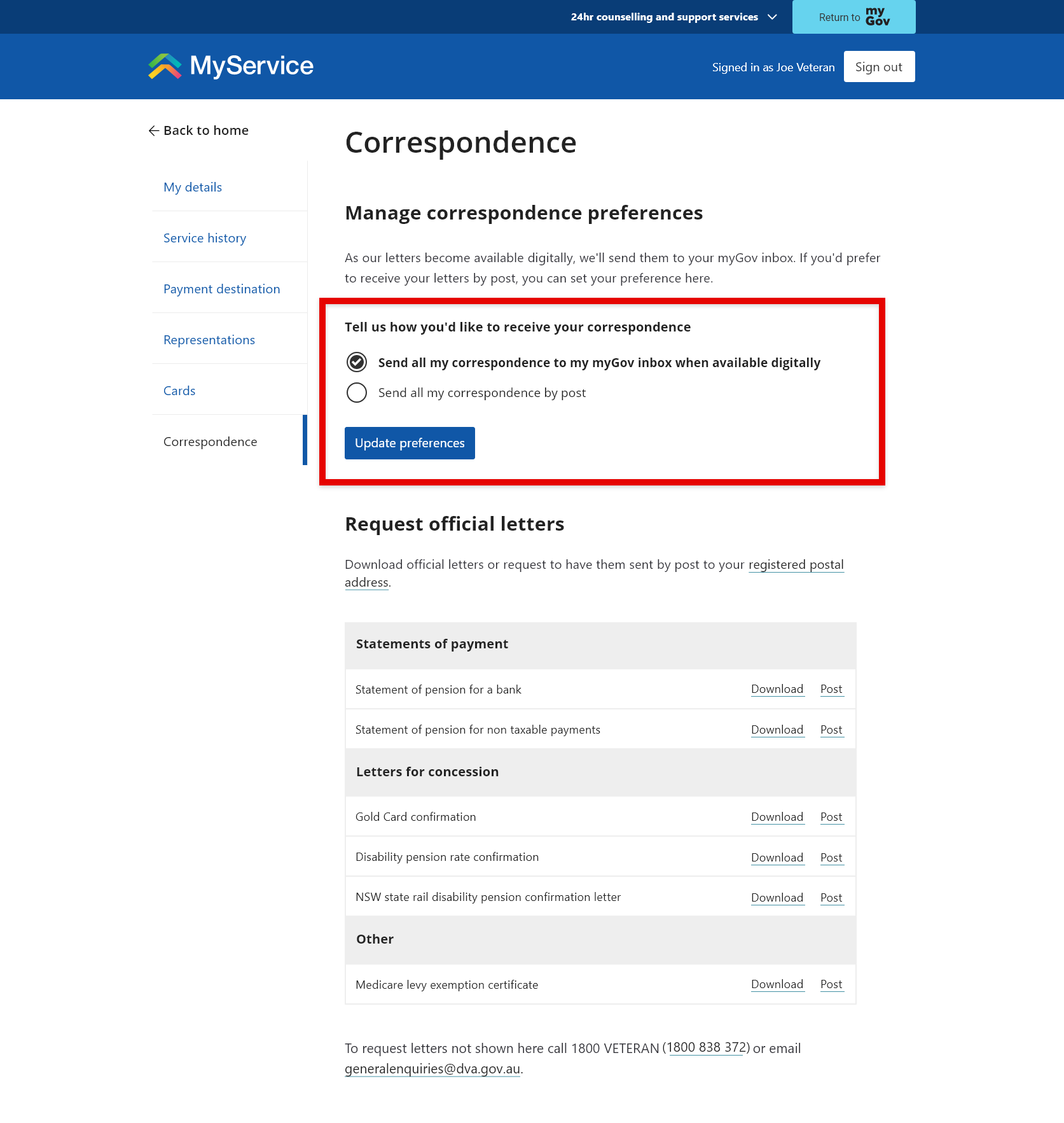 Correspondence screen.