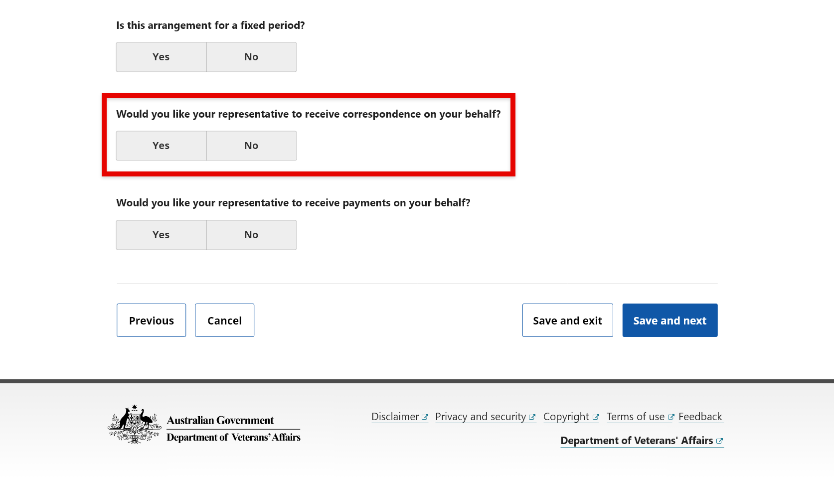 Screenshot to show how to select Representations and either add or manage a representative.