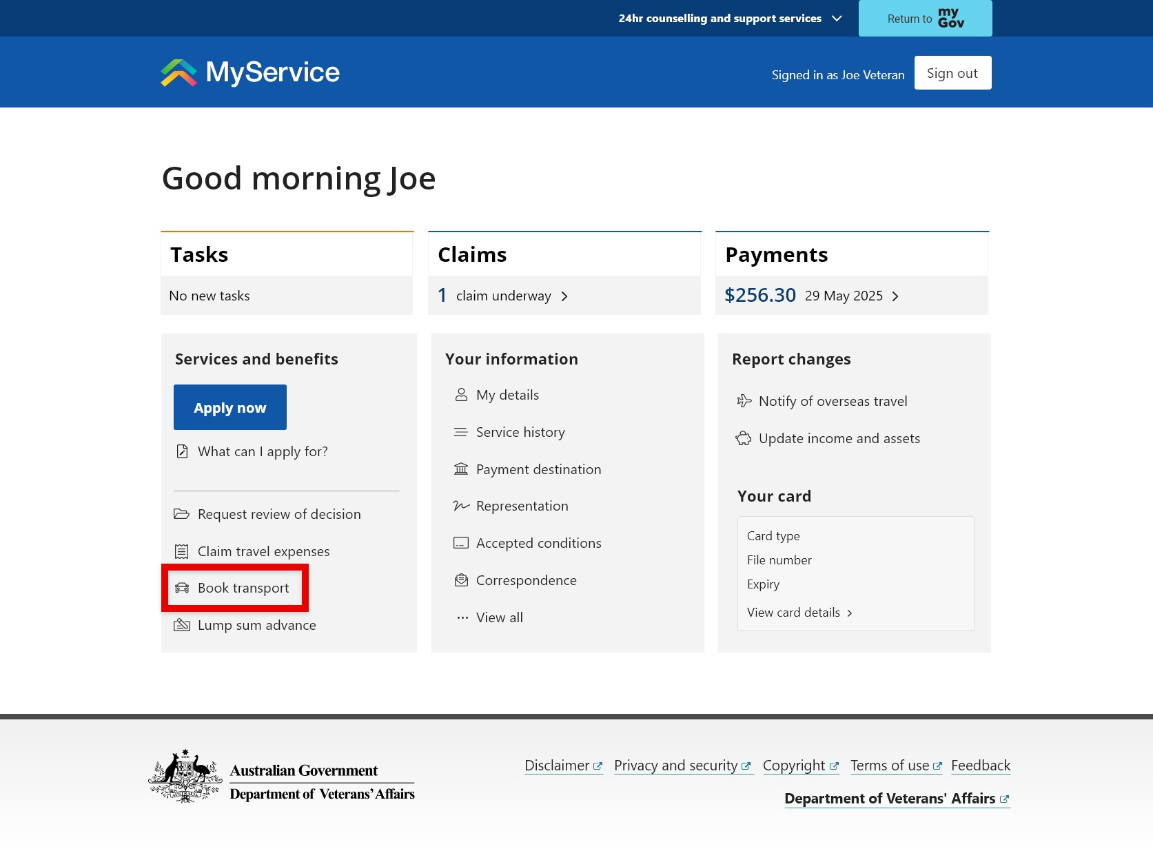 Sign in screen. 'Book transport' option selected.