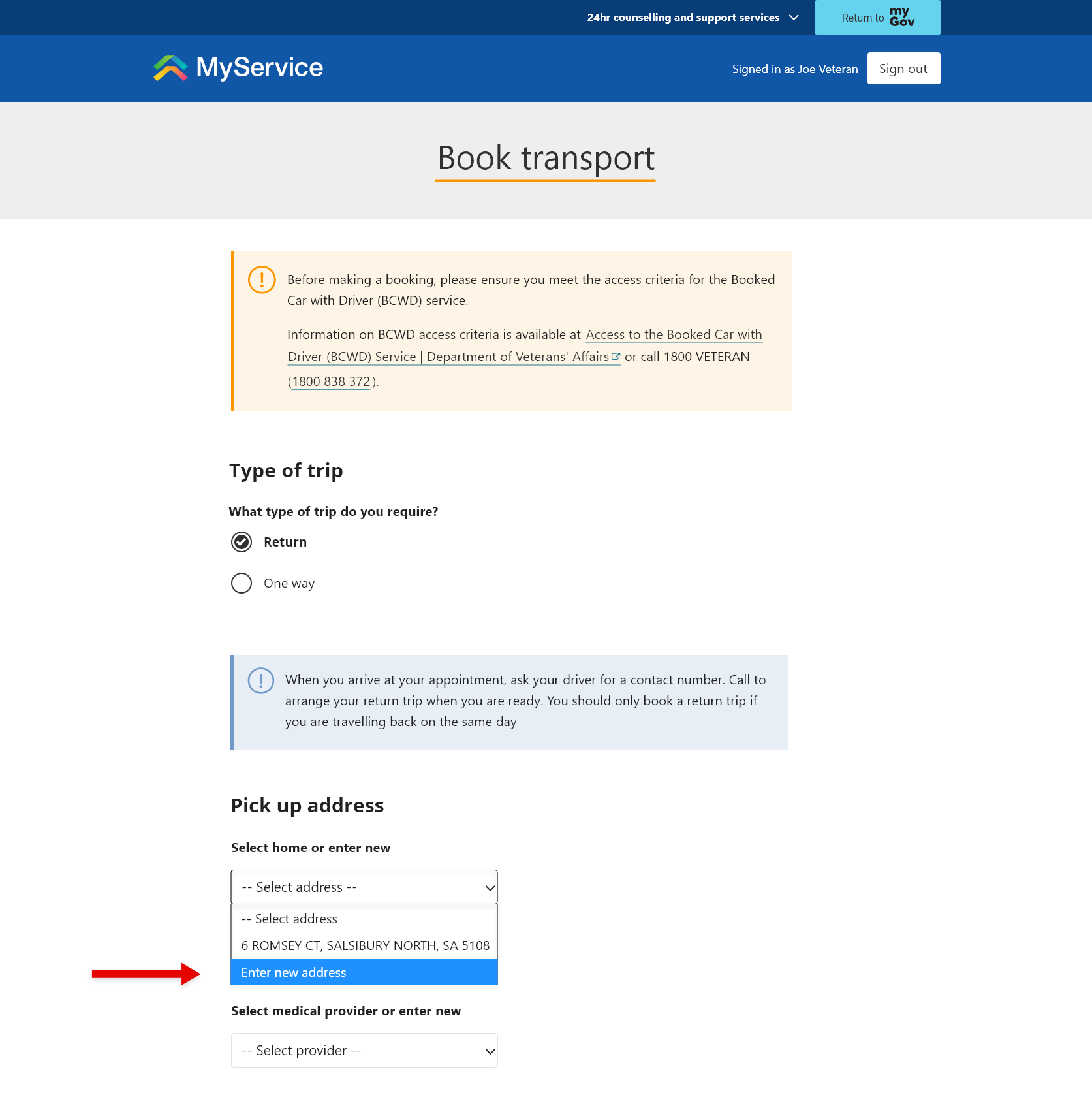 'Book transport' screen. 'Enter new address' option selected.