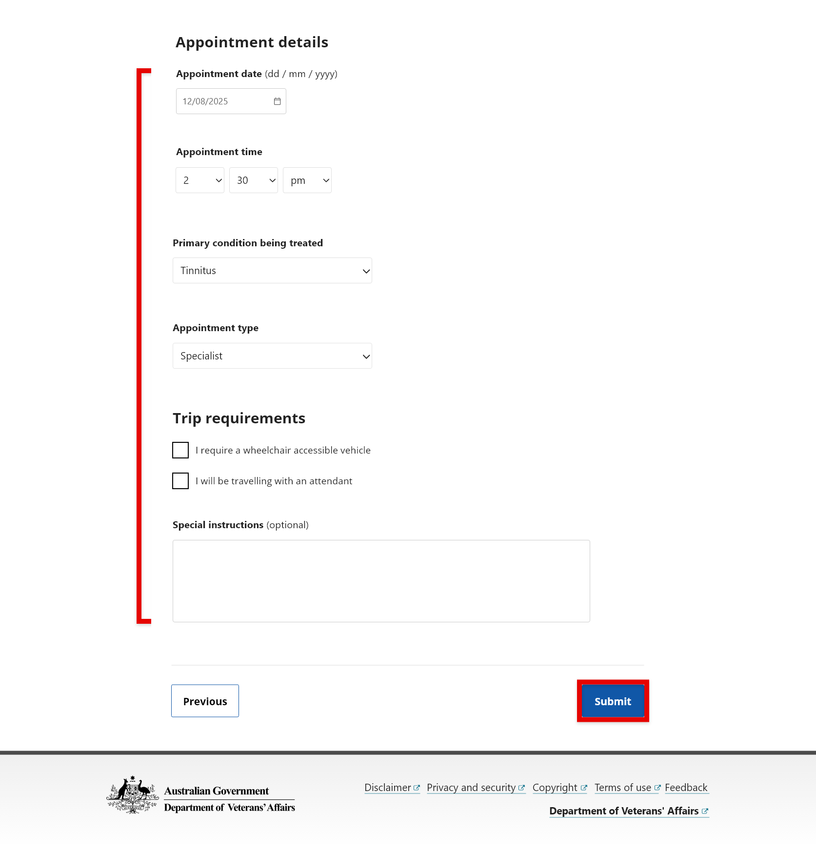 Screenshot to show how to complete your booking by selecting Submit button.