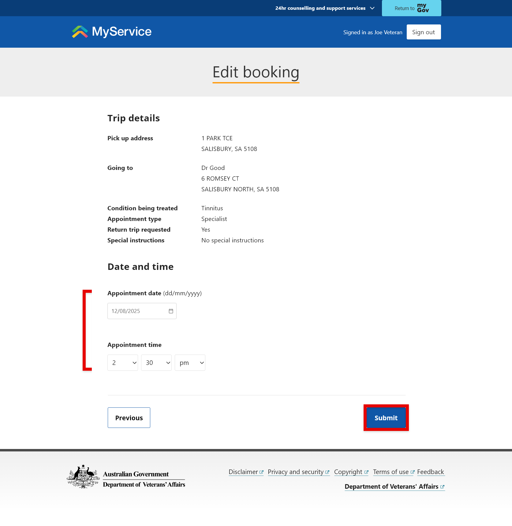Editing booking screenshot with the date and submit selections.