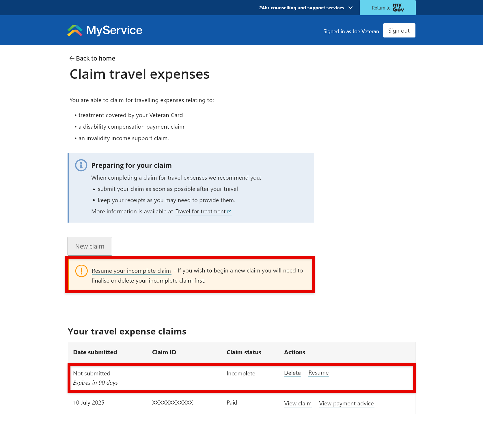 Claim travel expenses screen with 'Resume your incomplete claim' link visible.